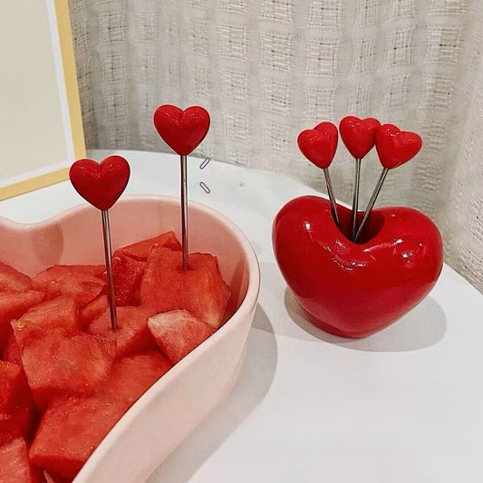 Heart-Shaped Stainless Steel Fruit Forks and Fork Storage Box