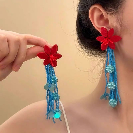 Bold Red and Blue Fringe Earrings Sliver Needle